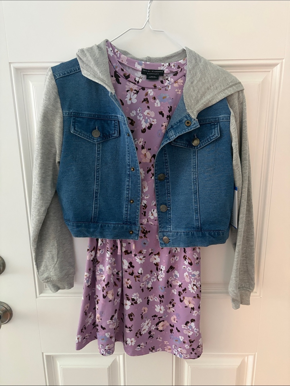 Social Standard Lavender Floral Dress with Denim Hooded Jacket